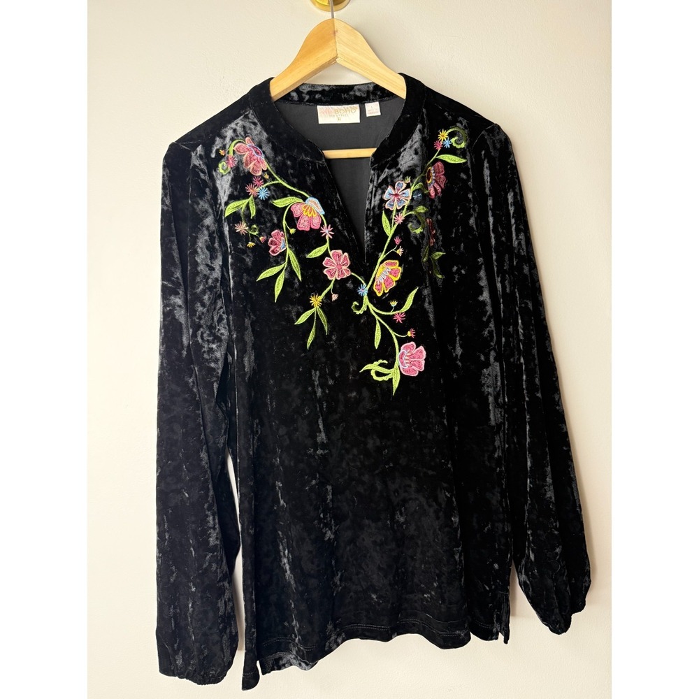 "As Is" Belle Boho by Kim Gravel Crushed velvet Embroidered Top Blackı L {#142-W - Picture 2 of 4